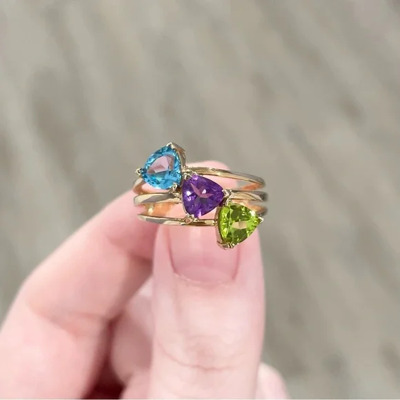 10K Rainbow amethyst Swiss blue topaz peridot trillion harem yellow gold CI ring - Picture 2 of 8